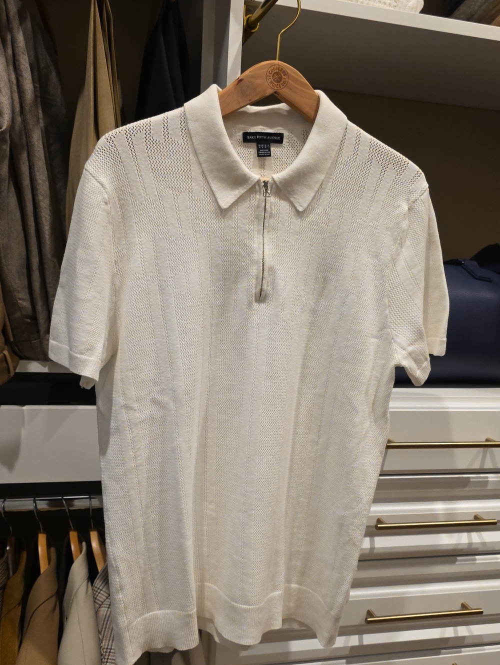 Saks Fifth Avenue Cream Short-Sleeve Zip Polo